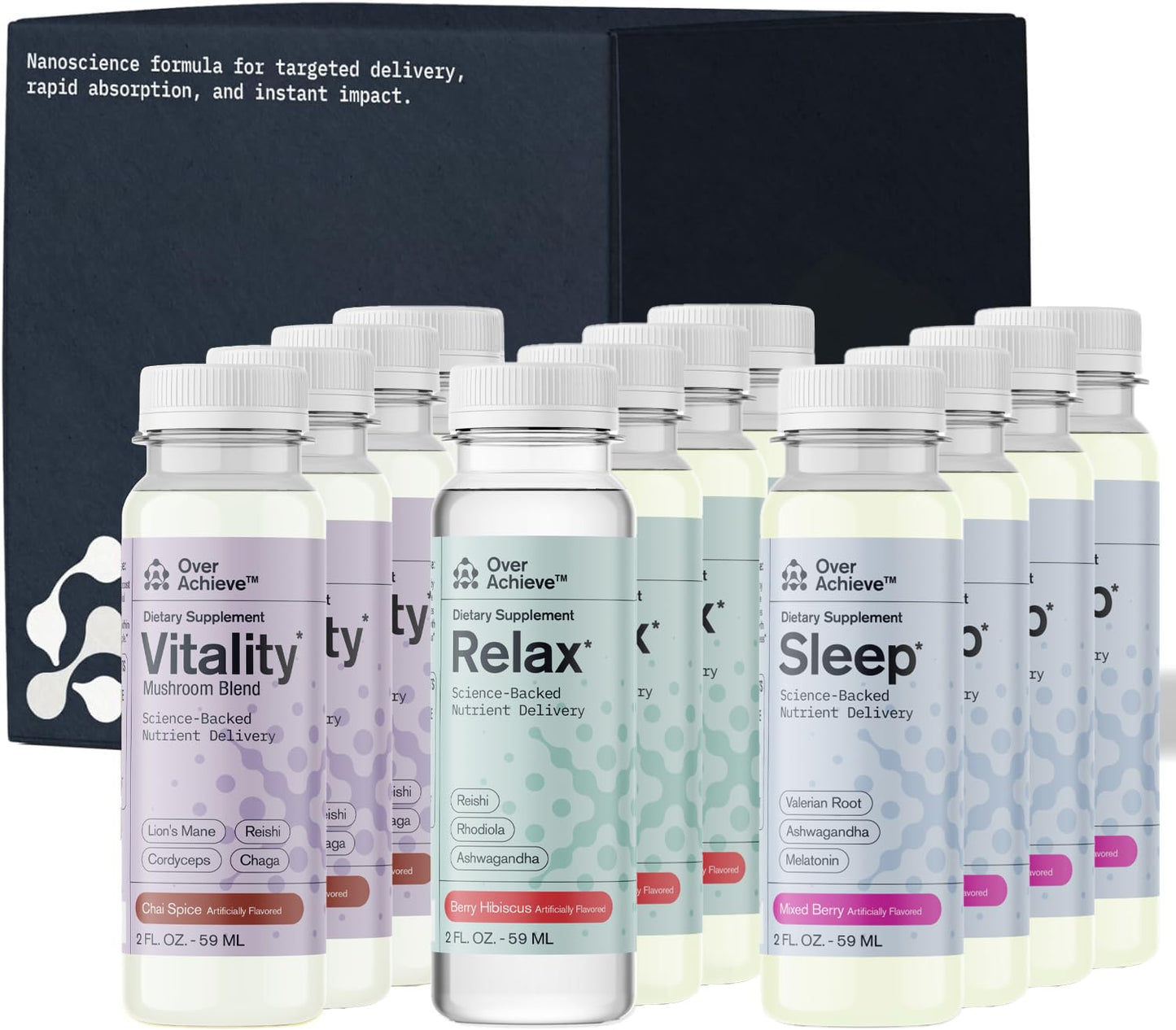 OVERACHIEVE dietary product Variety Pack with Advanced Nanoscience Technology 12 Pack Stress Calming Relax Drink Sleep Aid Drink Mushroom dietary product Drink 2 oz Shot