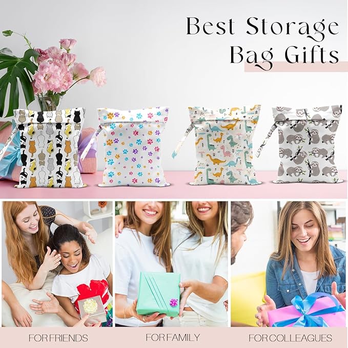 4 Pack Wet Bag for Swimsuit, Beach Travel Essentials Wet Dry Bag, for Sunscreen Toiletry Dirty Clothes Yoga Gym Diaper, Friend Summer Beach Vacation Gifts. Dinosaurs, sloths, dogs