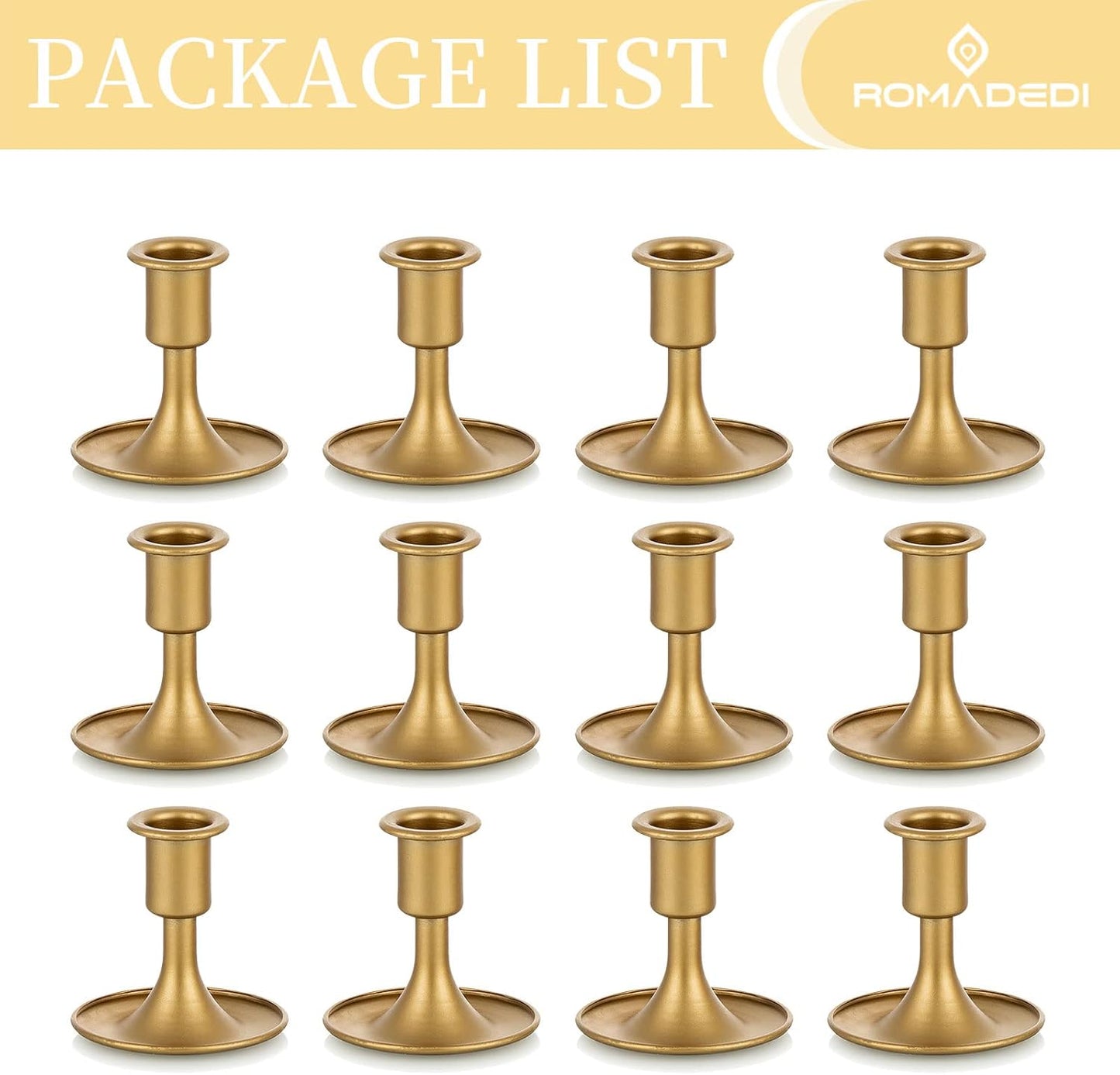 Candlestick Holders Taper Candle Holders, Romadedi Gold Candle Stick Candle Holder for Table Centerpiece, Wedding Reception, Festive Christmas Mantel Decoration or Home Decor, Set of 12