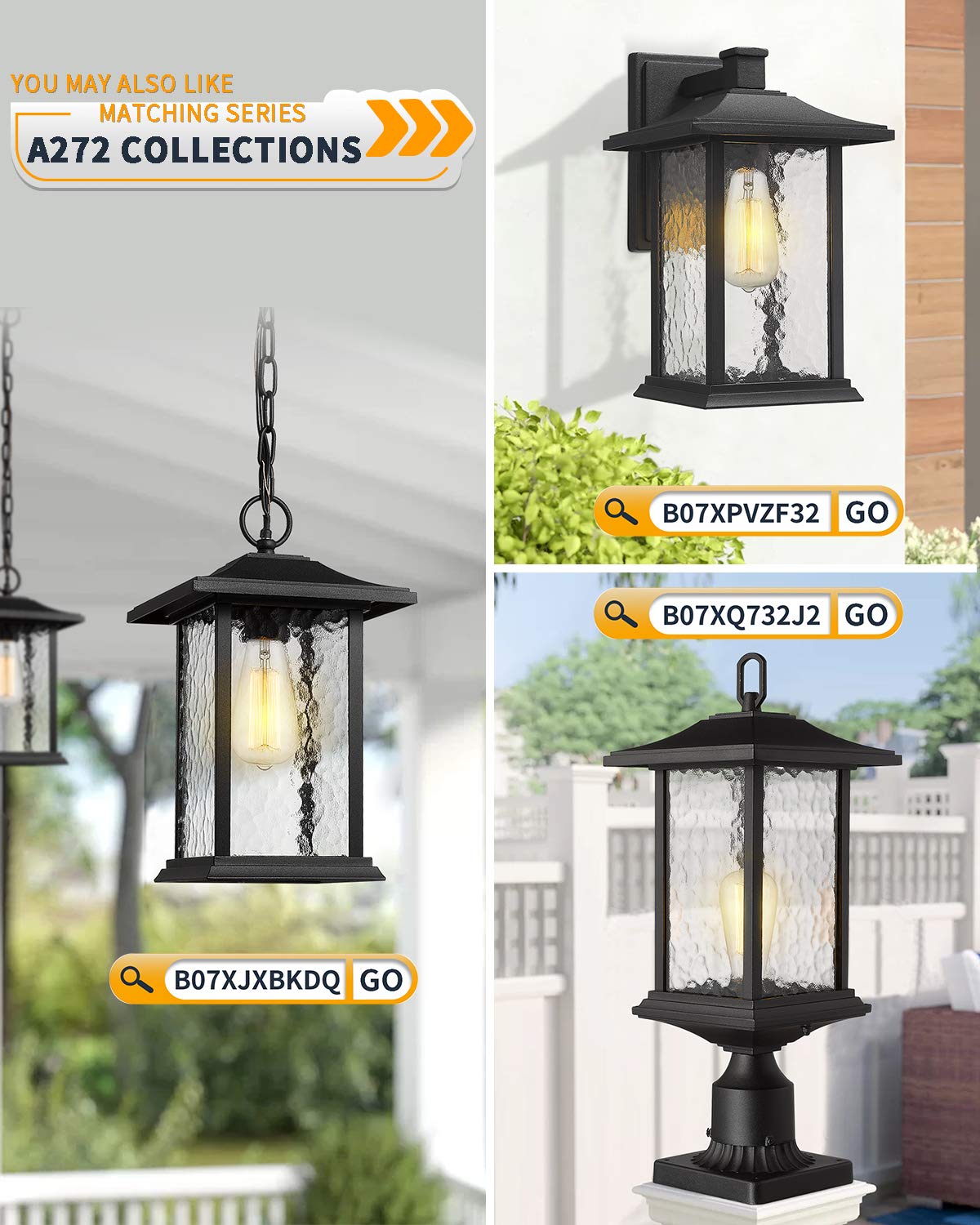 Beionxii Outdoor Wall Lights 14Inch Dusk To Dawn Exterior Wall Mount Sconce Front Porch Light Black Cast Aluminum W/Water Glass - A272W-2Pk
