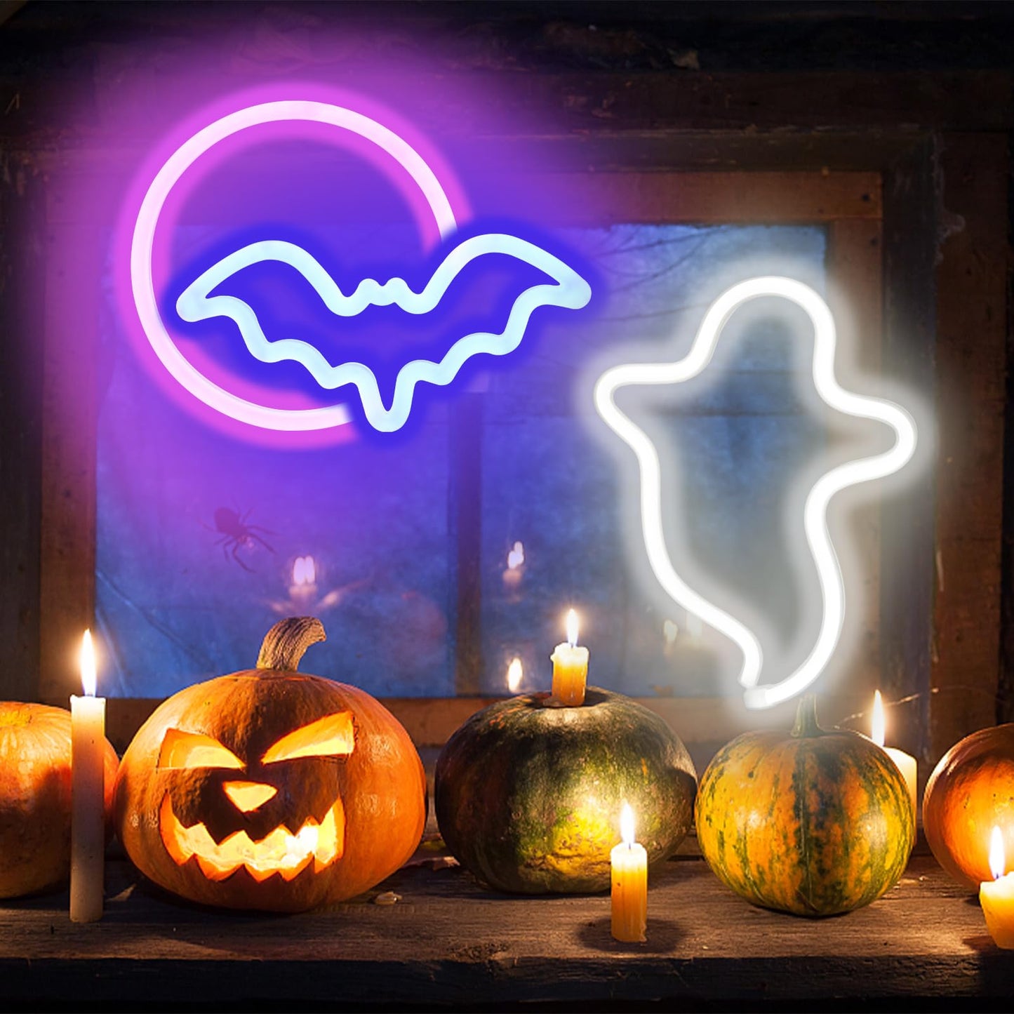 Brightdeck 2 Pack Halloween Neon Signs White Ghost Blue Bat Full Moon Neon Lights Decorations Usb/Battery Powered Led Neon Sign For Halloween Wall Decor Bedroom Kids Gift Bar Party(Full Moon)