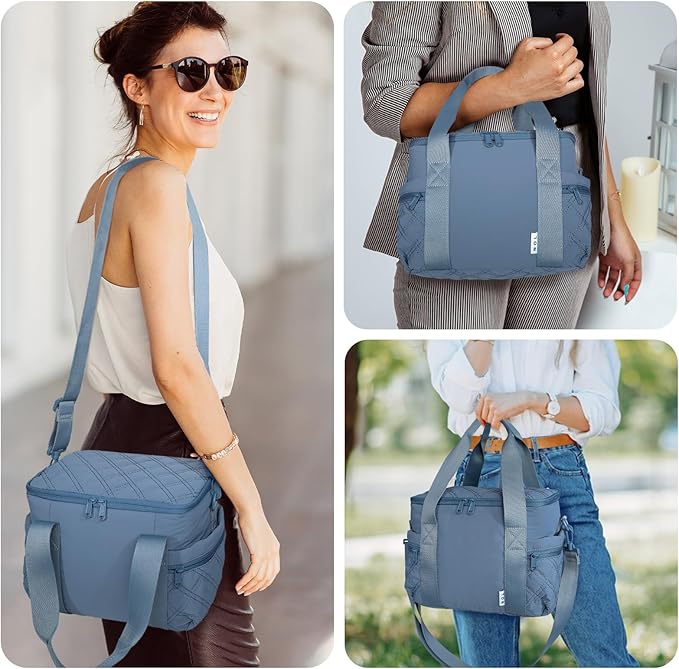 NOL Natural Organic Lifestyle Women's Nylon Lunch Cooler Cute Quilted Lunch Bag Large Leakproof Insulated Lunch Tote Bag for Work Picnic Travel,Dusty blue