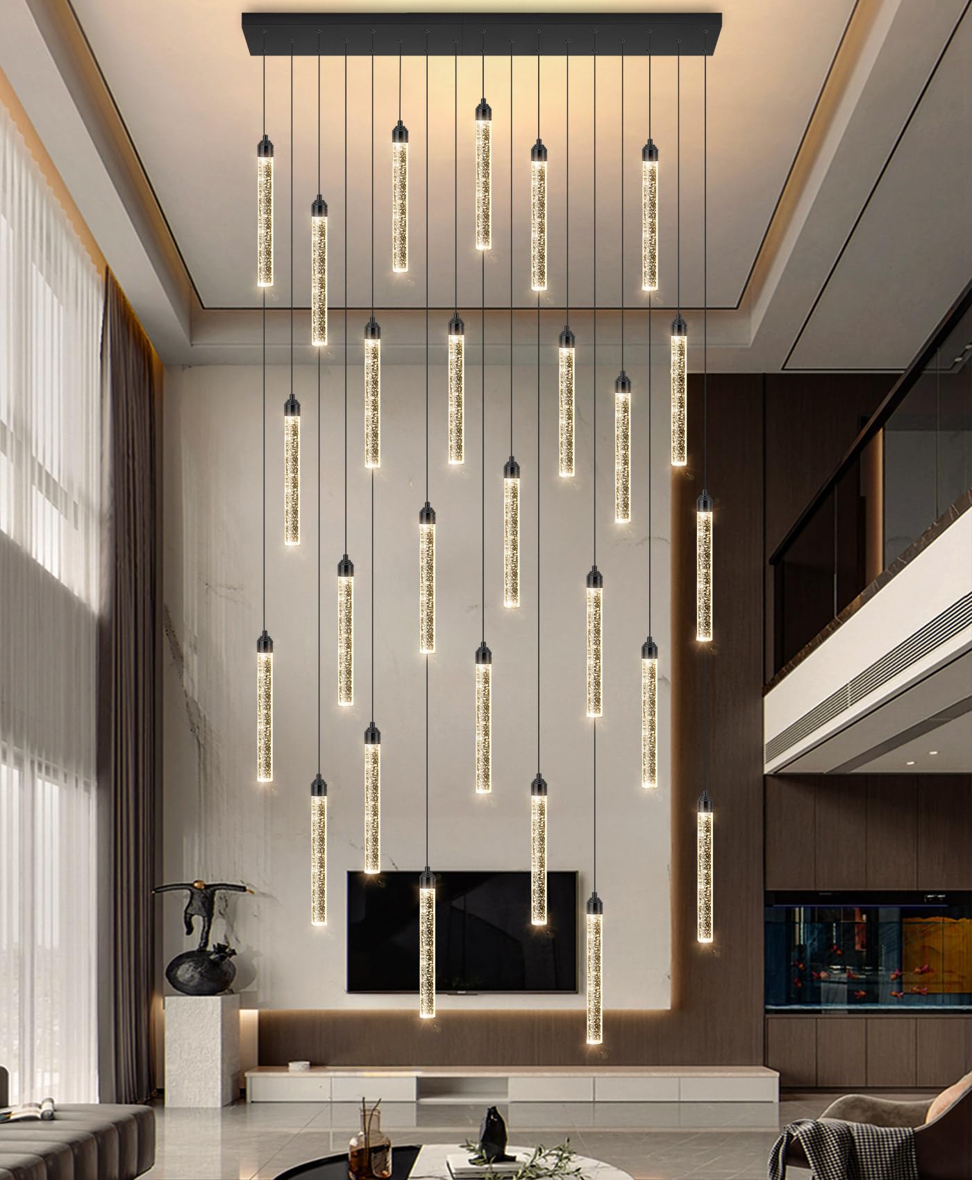 Rectangular Chandeliers 26-Lights Long Light For Entryway Led Dimmable Chandeliers Lighting Fixture Flat Sloped High Ceiling Pendant Lights Crystal For Living Room Foyer Hallway Staircase Black