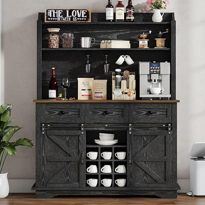 63 Inch Tall Coffee Bar Cabinet with 3-Tier, Kitchen Hutch with 3 Large Drawers, Farmhouse Coffee Bar with 9 Wine Racks & 3 Glass Holders, Wine Storage Cabinet for Living Dining Room, Black
