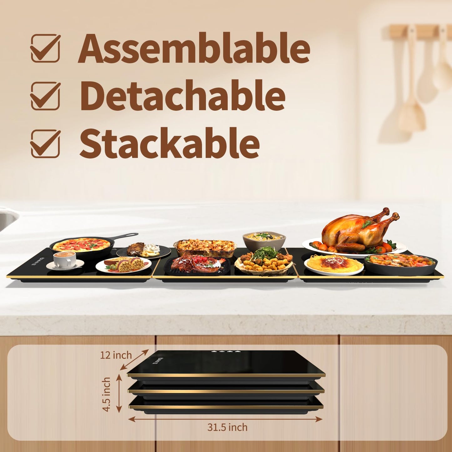 CedarAce Food Warming Mat with 8-Level Temperature Adjustment and 8-Hour Timer, Desktop-Protecting Electric Warming Tray, Assemblable Stackable (47x12 inches) for Parties Buffet