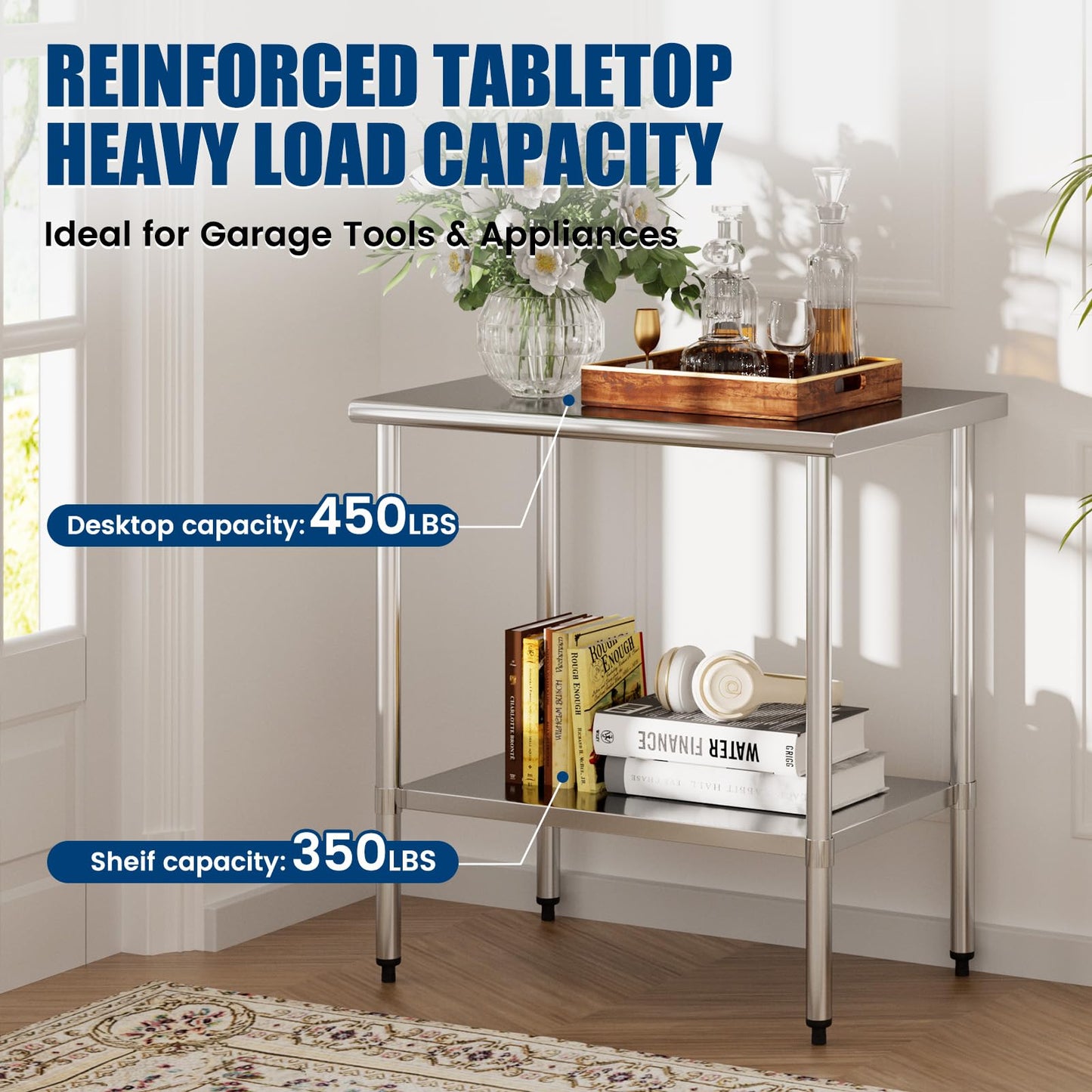 Stainless Steel Work Table 24 x 36 Inch with Adjustable Undershelf, Heavy-Duty Metal Prep Table for Commercial Kitchen & Restaurant, Garage, Outdoor