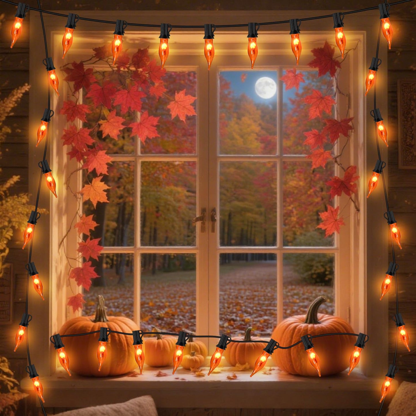 SOTOPOO Fall Decor String Lights - 12.8FT Orange Flickering Flame Effect, 12 Pack C18 Glass Bulbs, Model ULP(7)-LR(10)(1W