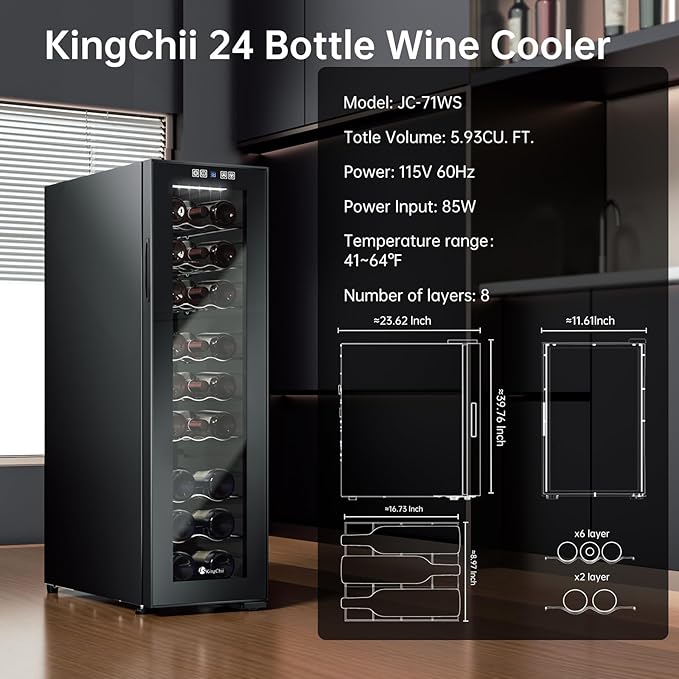 KingChii 24 Bottle Wine Cooler Refrigerator Freestanding Wine Fridge - Intelligent Digital Control, Low Noise Professional Compressor, Stainless Steel & Tempered Glass for Home, Office, or Kitchen