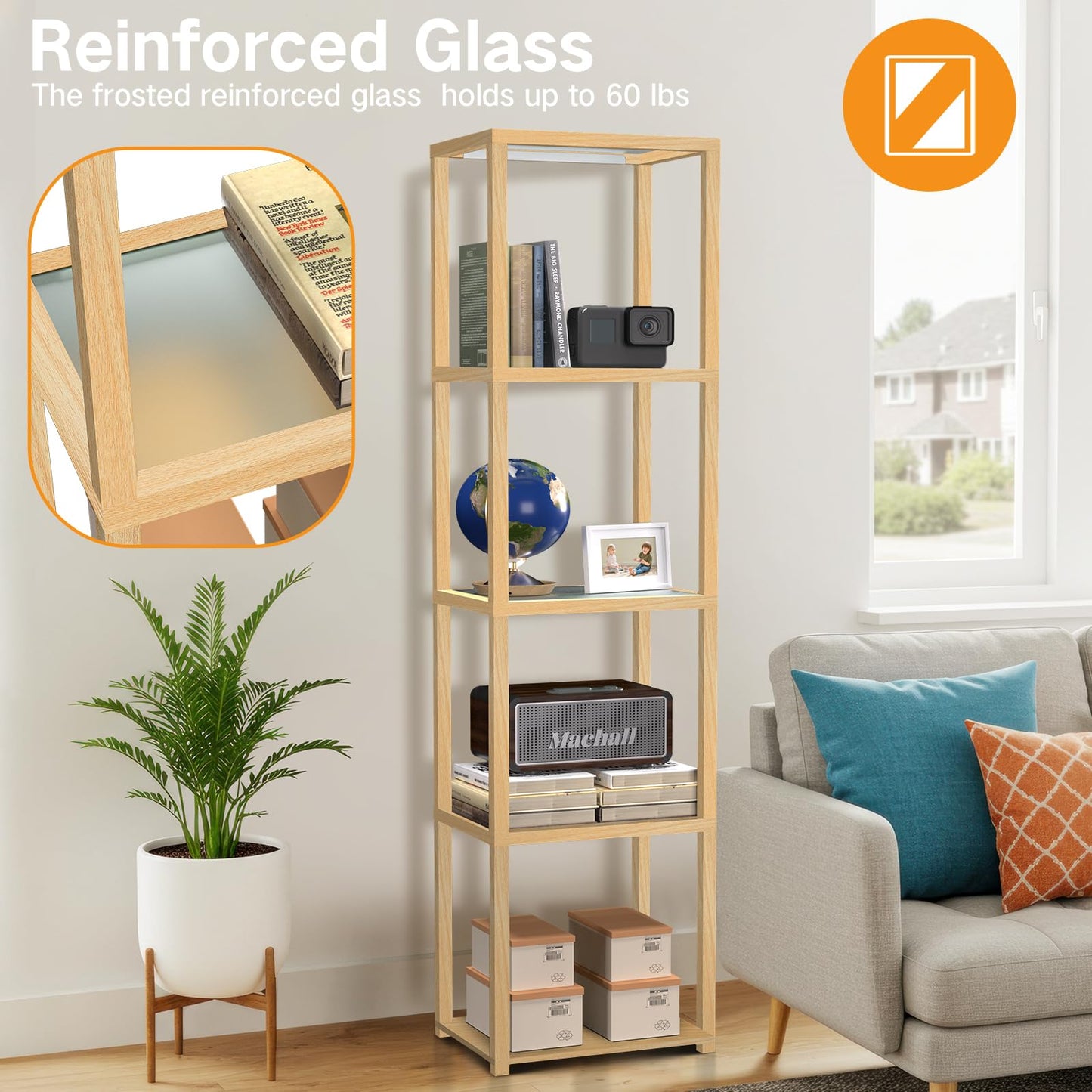 OUTON 67in Glass Display Shelf with LED Floor Lamp, 5 Tier Open Bookshelf, Wood, Model ZSJ01, Size 39x29x170 cm