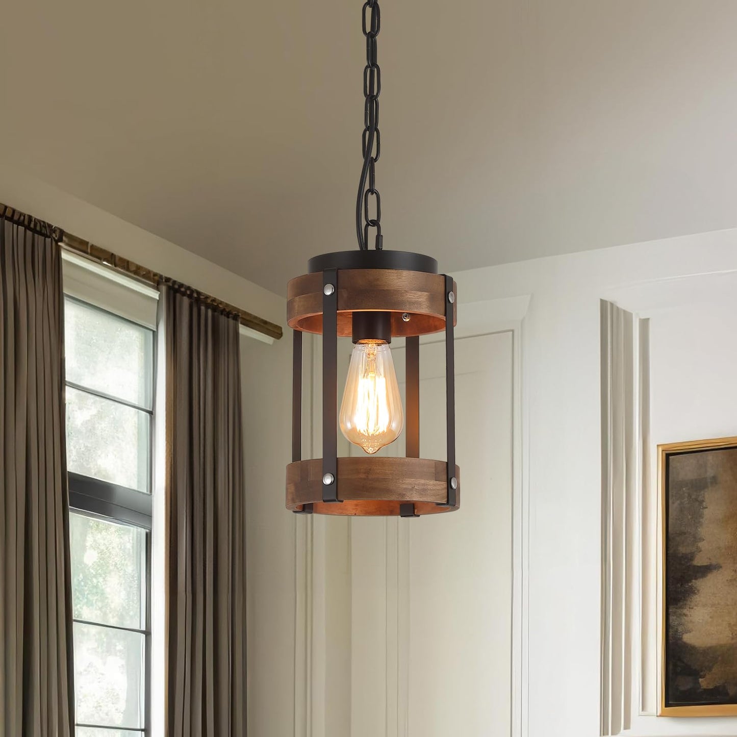 2 Pack Rustic Farmhouse Wood Pendant Light Fixture One-Light Adjustable Chain Oak Wood And Metal Drum Cage Small Pendant Lighting For Kitchen Island Sink Hallway Farmhouse Bathroom Bar Black