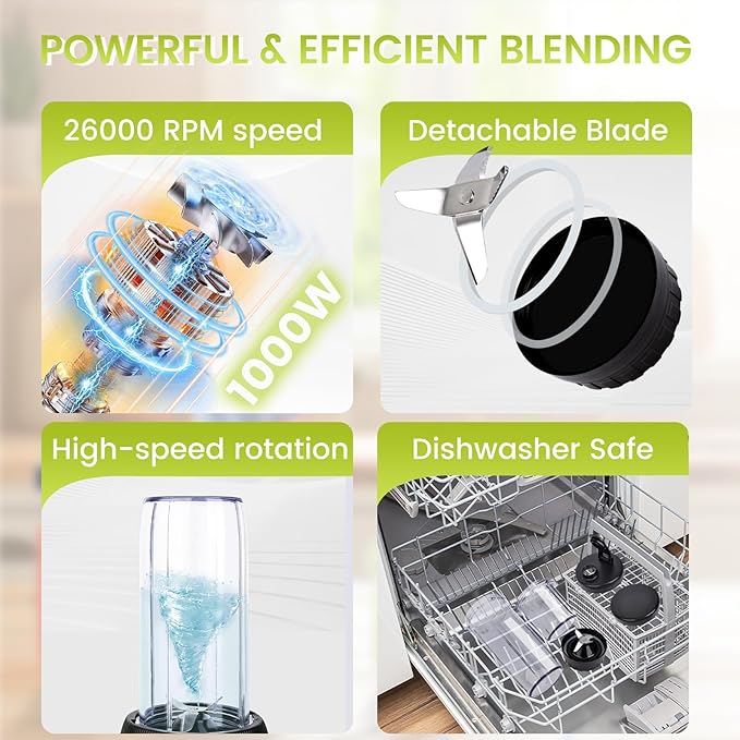 1000W 2-in-1 Personal Blender with Travel Bottles, Portable Smoothie Maker for Shakes & Grinding Coffee, 3 Speeds, 27oz & 6.7oz Cups, Compact & Powerful, Black