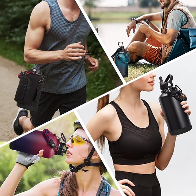 Insulated Water Bottle 64oz - w/Paracord Handle, Straw & Spout Lids, Carrier Bag, Half Gallon Sport Stainless Steel Water Flask Jug, Thermo Mug Triple-wall Vacuum Insulated Water Bottle