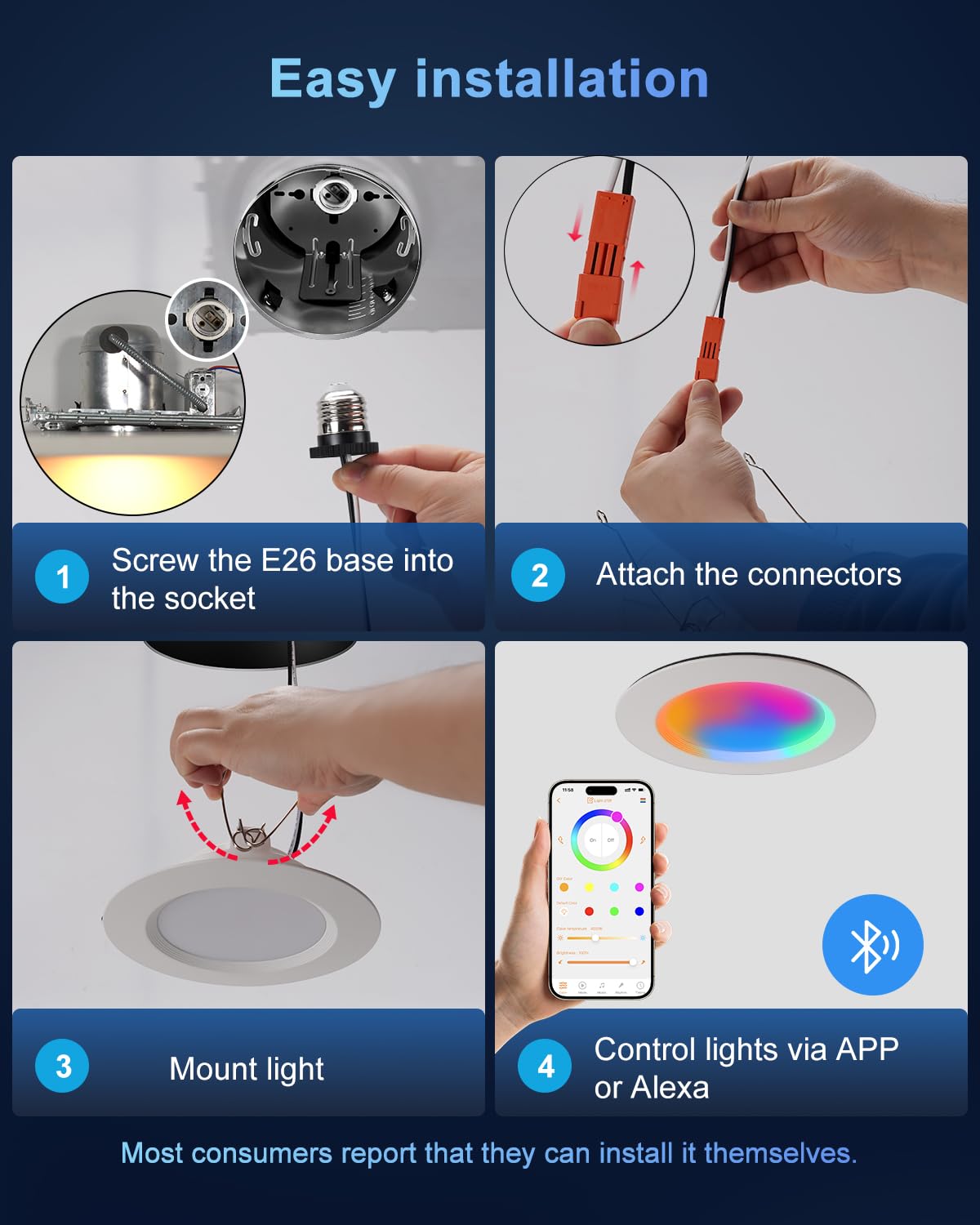 Varicart Smart Recessed Lighting 6 Inch Rgbcw Color Changing Led Can Lights Bluetooth Connect Flicker Free 13W 1300Lm Dimmable Retrofit Downlight Works With Alexa Voice & App Control Etl 1 Pack