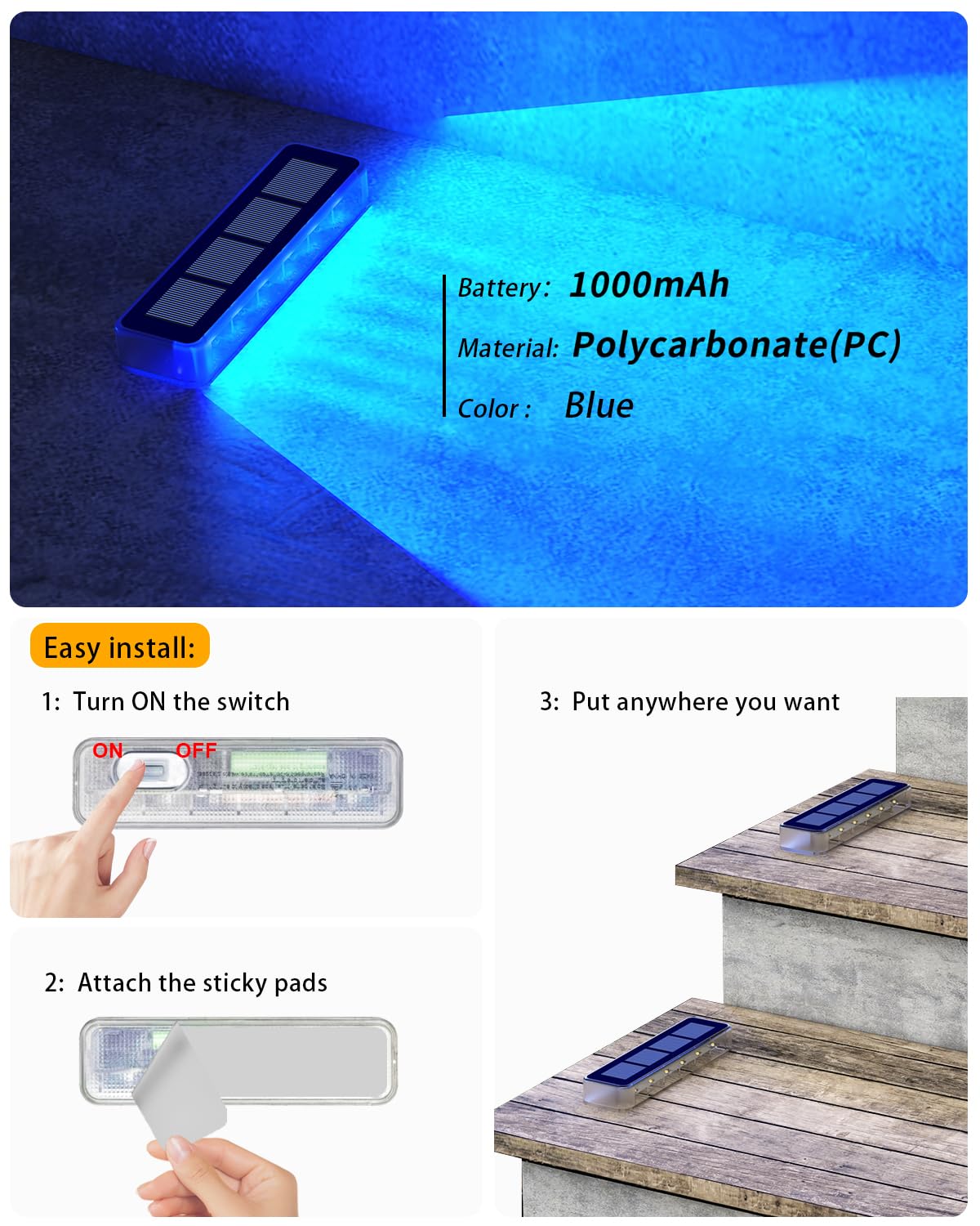 DetarZinLED Solar Step Lights, 2 Pack Waterproof Blue Outdoor Deck Lights, Model EL-SPB-02