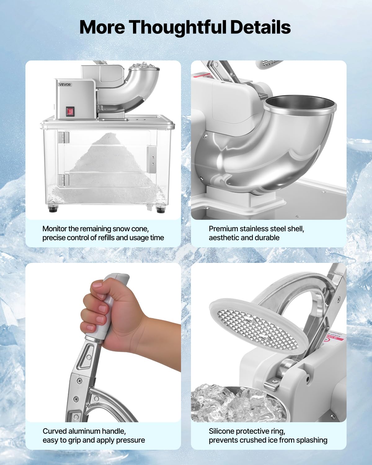 Vevor Commercial Ice Crusher 661Lbs/H, 350W Electric Snow Cone Machine With 4 Blades, 1400Rpm Stainless Steel Shaved Ice Machine