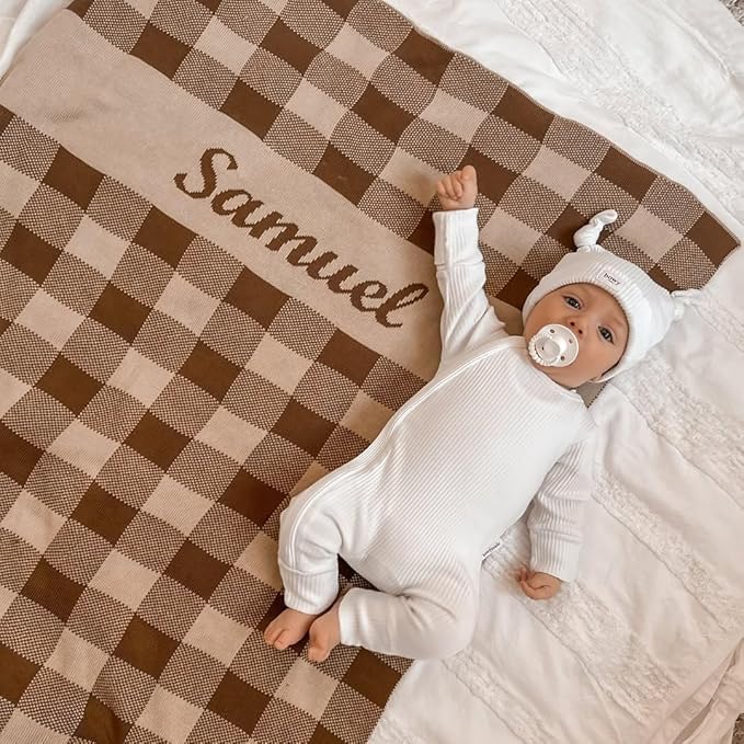 Personalized Gingham Name Blanket – 100% Cotton Baby Blanket, Gingham Band Design, Customized with Name, Boys and Girls, Bassinet and Crib, Gift for Baby, Newborn, Toddler or Kids (Crib)