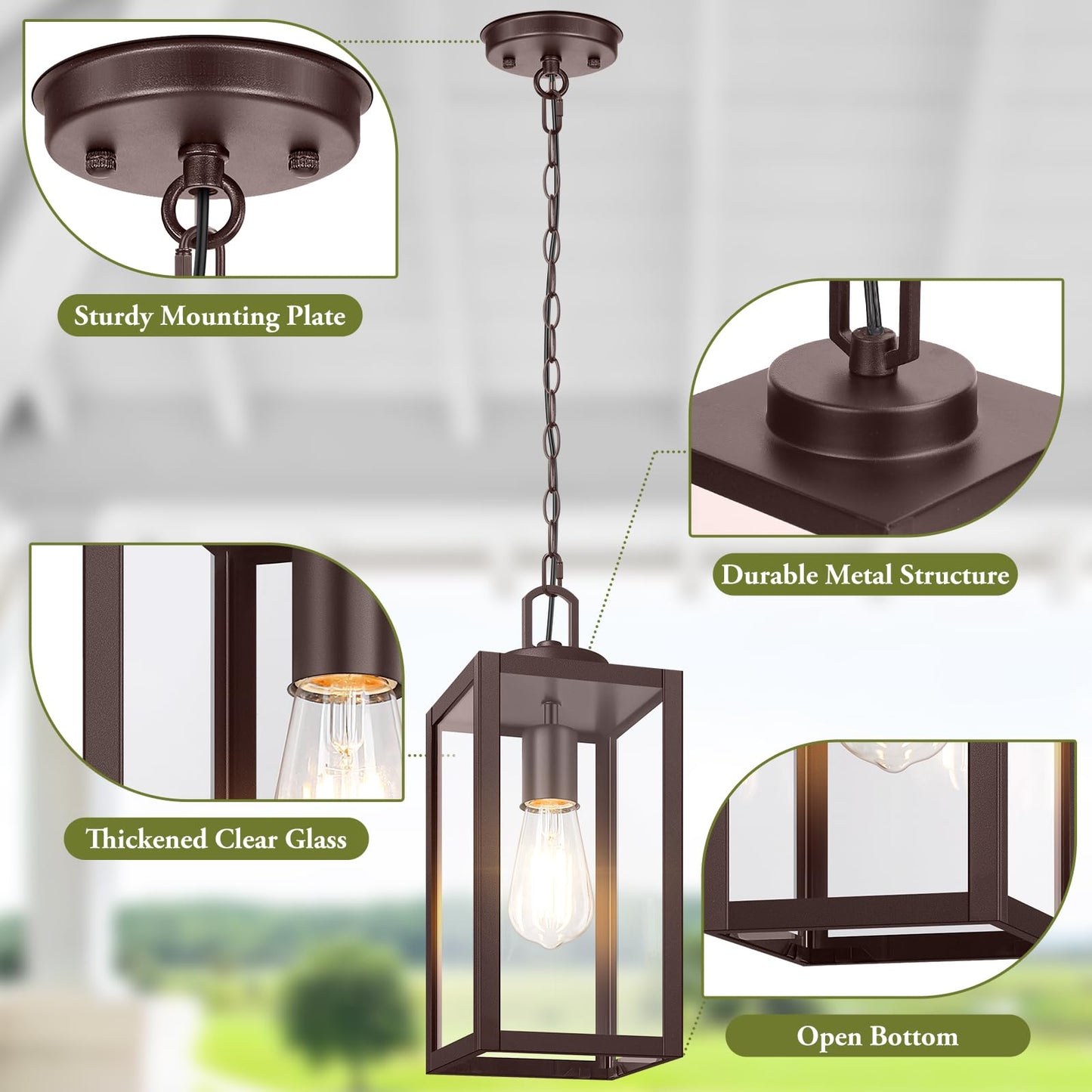 Beslowe 1-Pack Outdoor Pendant Light 13 Modern Hanging Lantern Light For Outside Brown Exterior Pendant Lighting Fixture With Adjustable Chain Outdoor Chandelier For Porch Gazebo Front Door