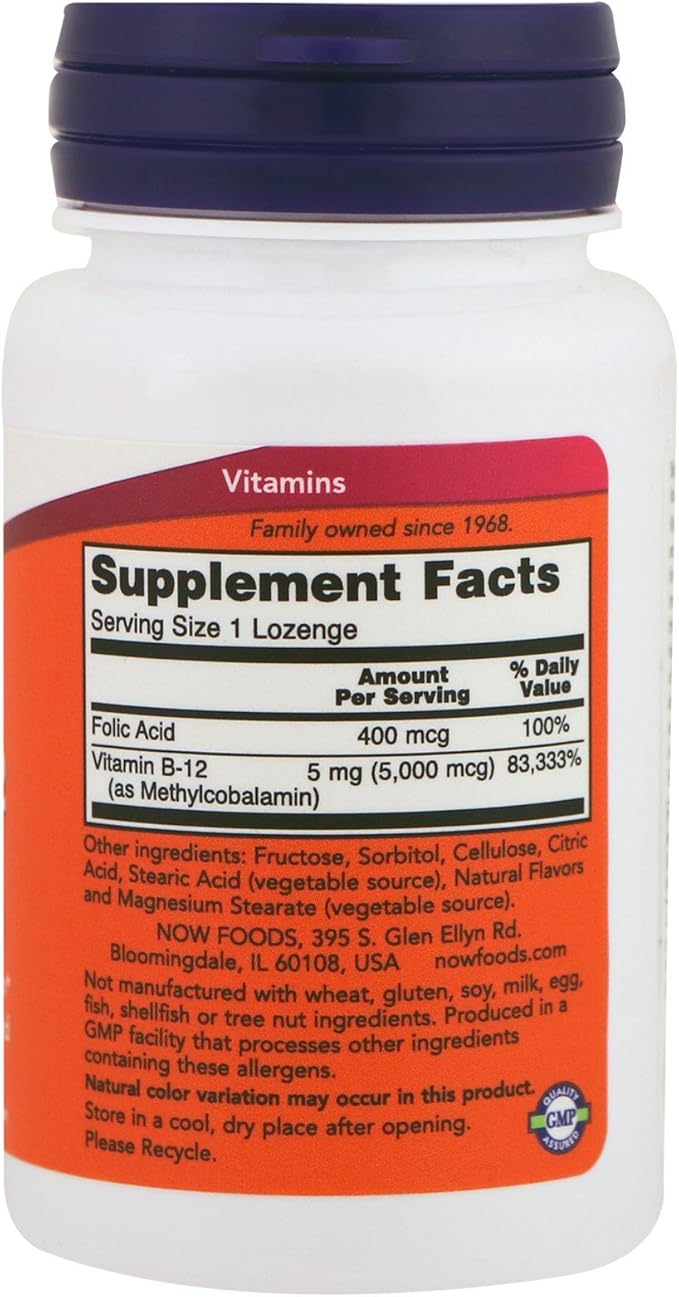 NOW Foods Methyl B12 - Methylcobalamin Plus Folic Acid - 5,000 MCG (120 Lozenges)