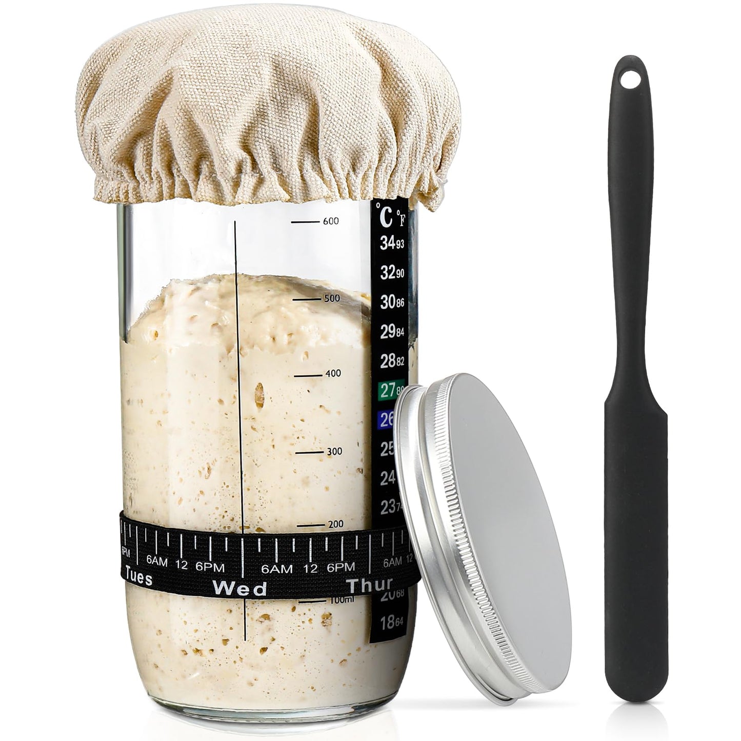 Sourdough Bread Baking Supplies 24 oz Sourdough Starter Jar Glass Sourdough Starter Kit with Date Marked Feeding Band Thermometer Silicone Scr Sewn Cloth Cover & Aluminum Lid Sourdough Jar