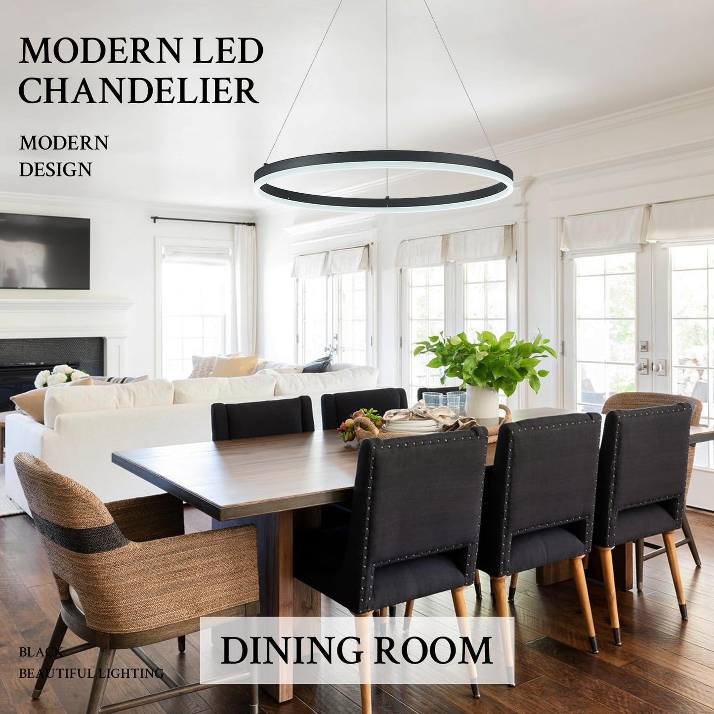 Sparklelf Modern Led Pendant Lighting 24 Ring Chandelier Black Dimmable Led Chandelier For Dining Room 36W Adjustable Pendant Light Fixture For Living Room Bedroom Home Office Foyer 3000-6500K