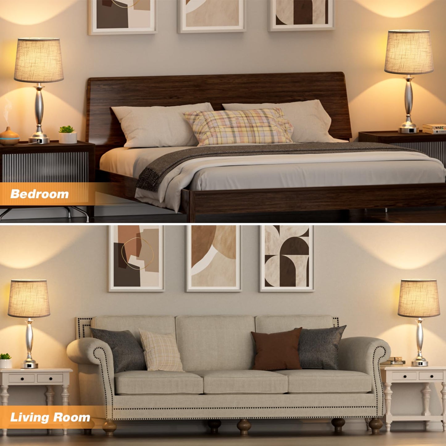 Seealle Touch Bedside Lamps Set of 2 - 3 Way Dimmable, USB Port, 22.5in, Metal, Mottled Gray Shade and Nickel Base