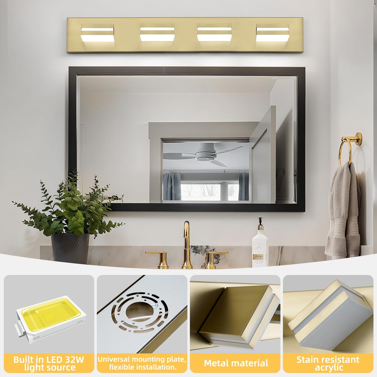 OKELI Bathroom Vanity Light Fixture, 5 Lights, 350? Rotatable, 24W, Gold Dimmable, Model OK-9553-4T-GL, Modern Wall Mounted