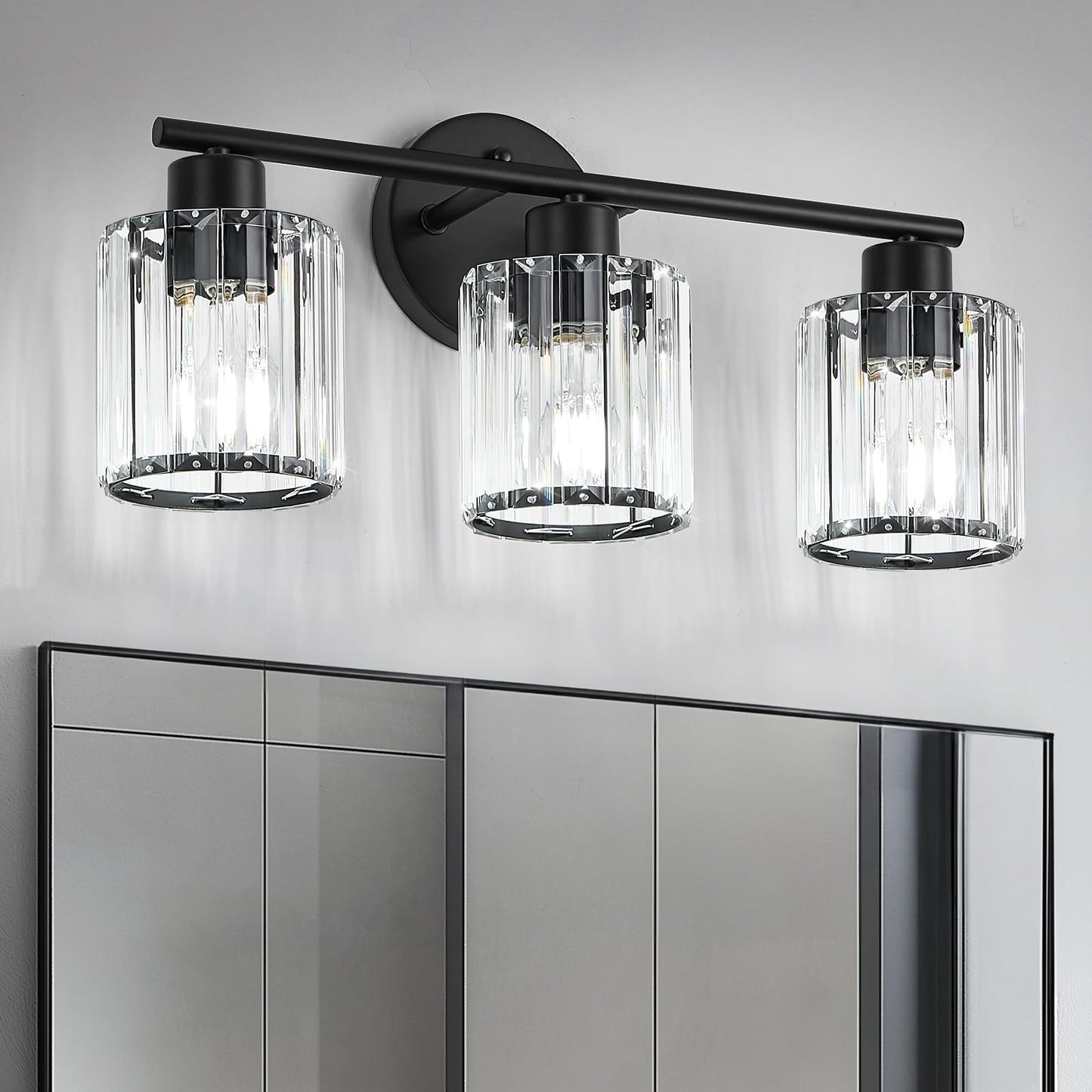 Kvhiiw Crystal Bathroom Light Fixtures, Bathroom Lighting Fixtures Over Mirror, Modern Black 3-Light Vanity Lights for Mirror,Re