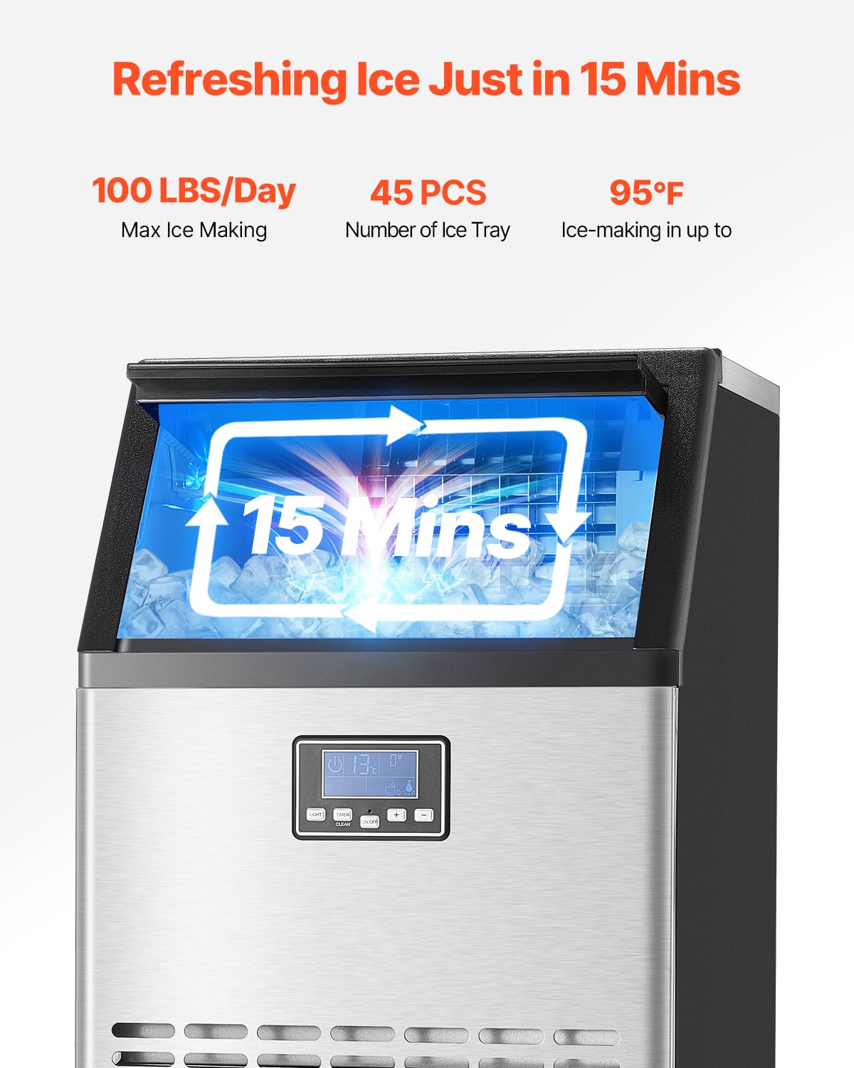 VEVOR Commercial Ice Maker Machine with 2 Water Inlets, 100lbs/24H Ice Maker with 33lbs Storage Bin, 45 Ice Cubes in 15 Mins, LED Digital Display Freestanding & Self-Cleaning for Bar Office Restaurant
