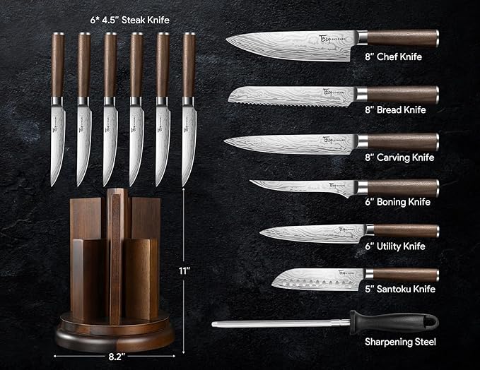 Kitchen Knife Set with Magnetic Block and Sharpener 14 Piece Knife Set 360° Rotatable Holder Ultra Sharp High Carbon Stainless Steel Knives Sets with Steak Knives, Christmas gift