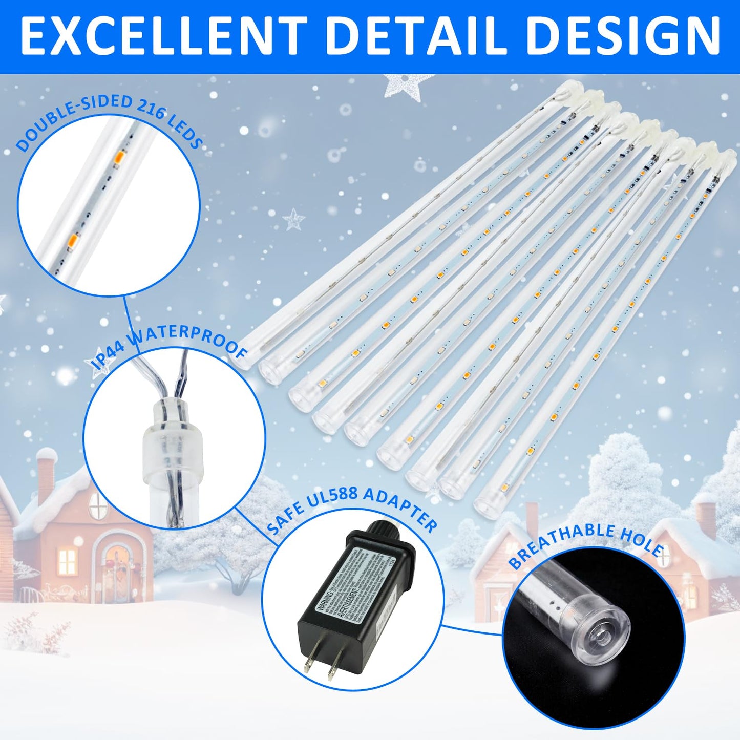 2-Pack Extendable Meteor Shower Christmas Lights Outdoor 16 Tubes 384 Leds Waterproof Falling Rain String Lights Christmas String Lights Outdoor For Tree Garden Patio Holiday Decorations (Blue)