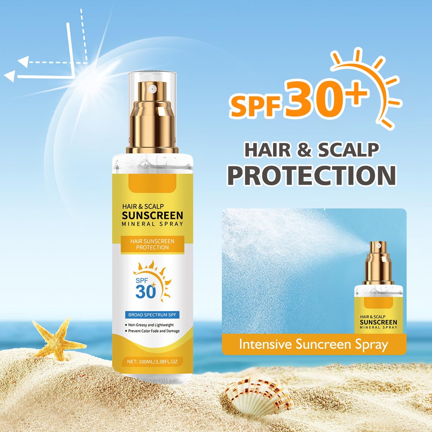 Ultimate Hair & Scalp Sunscreen Spray SPF 30, Hair and Scalp Sunscreen Spray, Color-Safe UV Blocker for Dyed/Highlighted Hair, T