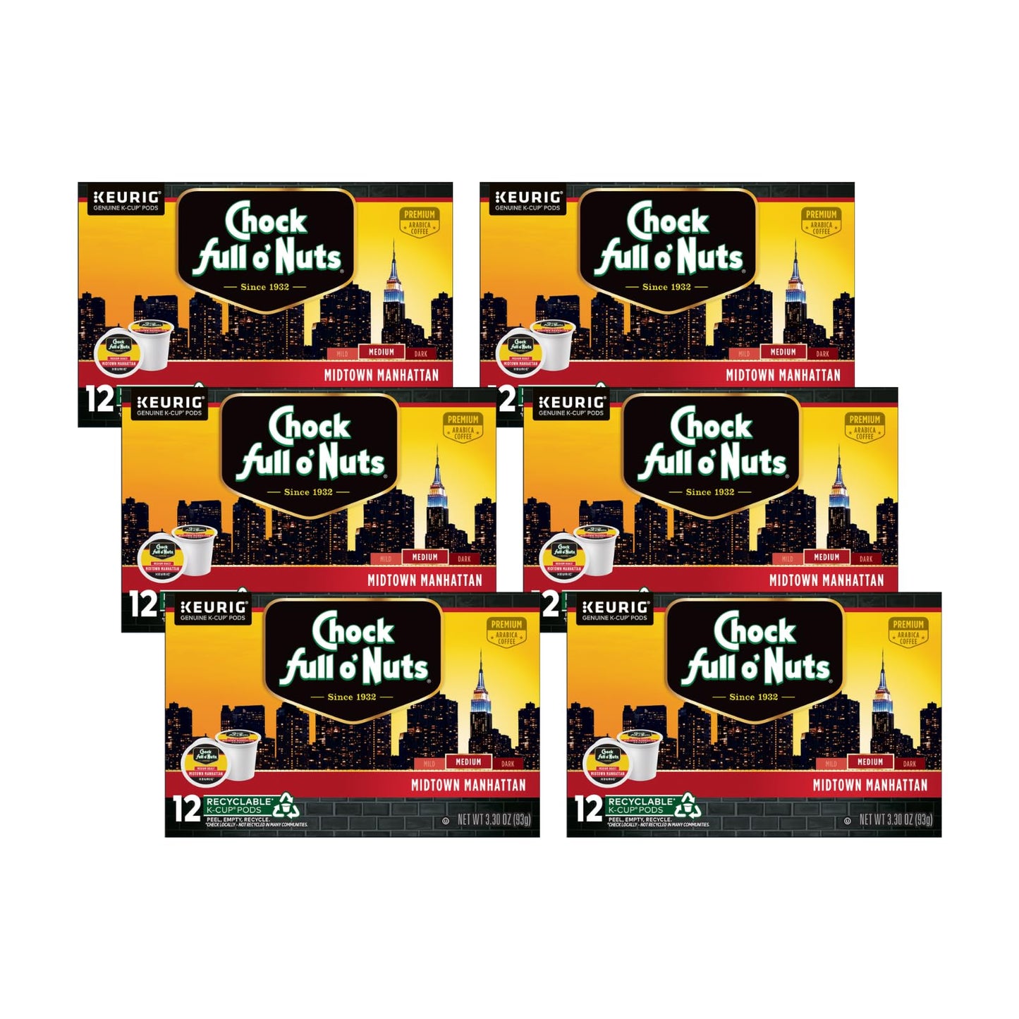 Chock Full o Nuts Midtown Manhattan Keurig K-Cup Pods for Keurig malt-inspired - enhanced Arabica Medium Roast - Single Serve - 6 Packs of 12 K-Cup Pods