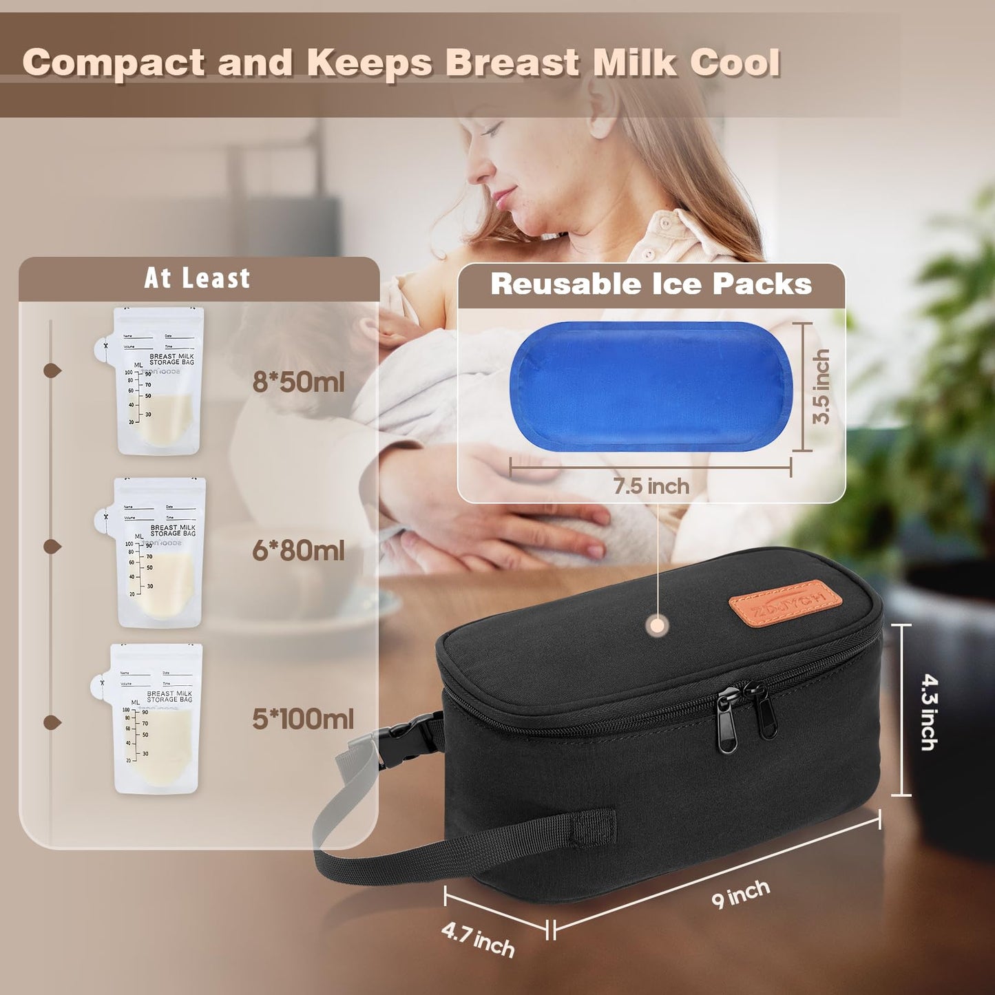 ZDJYCH Breast Milk Cooler Travel Bag,Portable Insulated Bag with 2 Ice Packs,Holds 5-7 Frozen Milk,Fits Narrow Breast Milk Storage Bags, Essential for Nursing Moms Travel/Daycare,Thickened Version