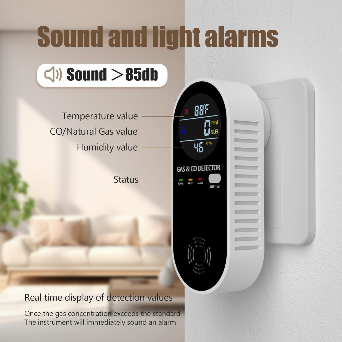 Plug in Natural Gas Detector & Carbon Monoxide Detector 4 in1 CO Methane Combustible Combination Gas Detector Plug and Play for RV Home Travel