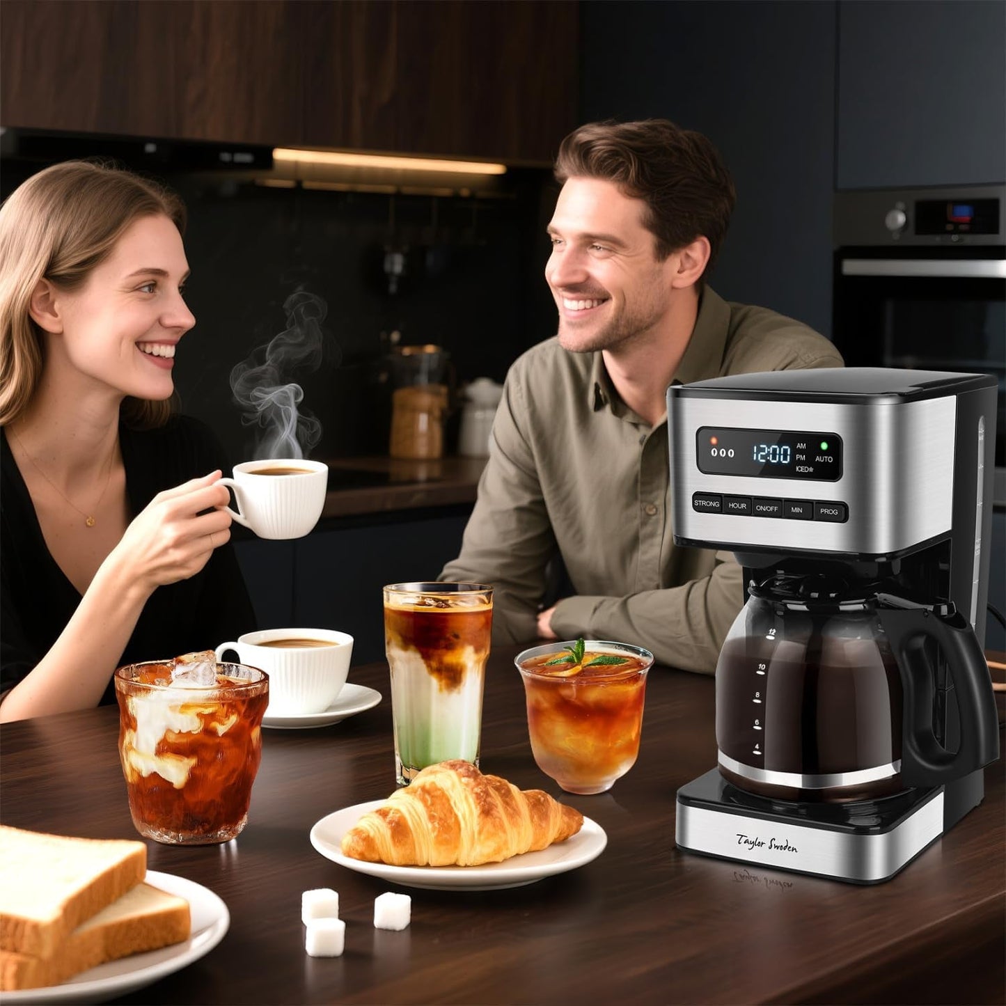 Programmable Coffee Makers 12 Cup, Hot and Iced Coffee Maker, 4 Brew Strength, LED Display, 24H Timer, Keep Warm&Auto Shutoff- Drip Coffee Machine for Home/Office, Black &Stainless Steel