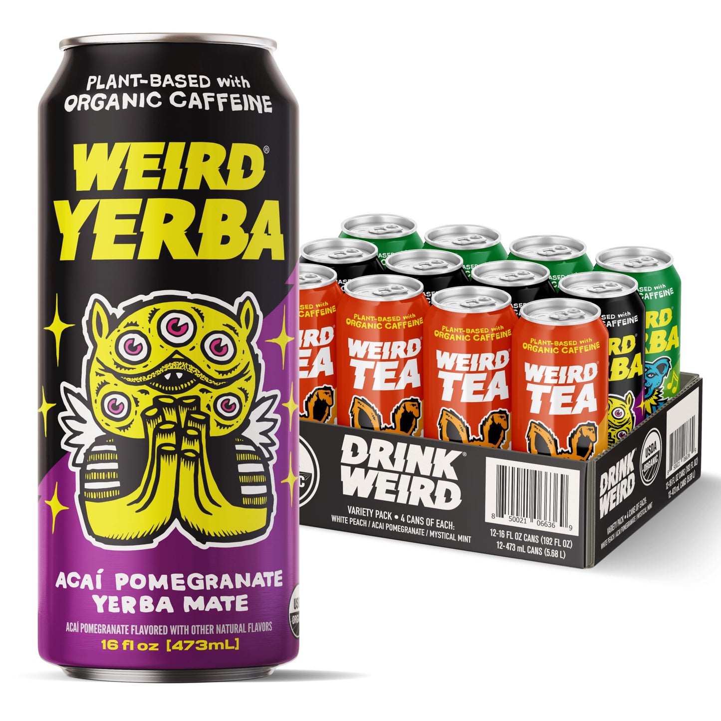 Drink Weird Best Sellers Variety Pack - Acai Pomegranate Yerba Mate White Peach Oolong Tea Mystical Mint Yerba Mate. 12pk of 16oz Cans. Better Energy Drink Alternative.