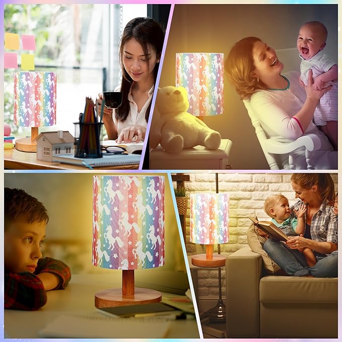 VIHOSE Unicorn Kids Table Lamp for Bedroom Kids Bedside Lamp with Linen Wooden Nightstand Cartoon Nursery Lampshade for Girls Boys Living Room