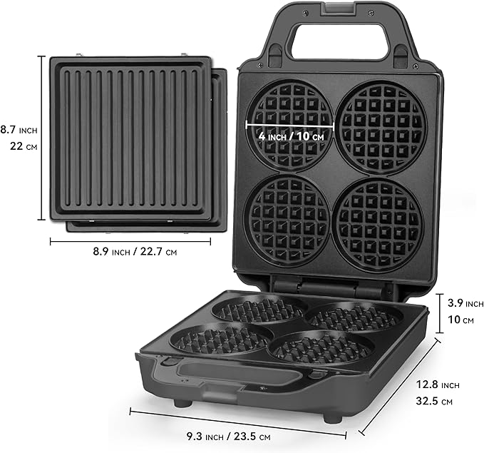 2 in 1 Mini Waffle Maker with Removable Plates, Panini Press Sandwich Maker, Sandwich Press, Waflera Electrica, Sandwichera Electrica, 4 X 4 Inch Classic Waffle Maker for Kids, Graphite