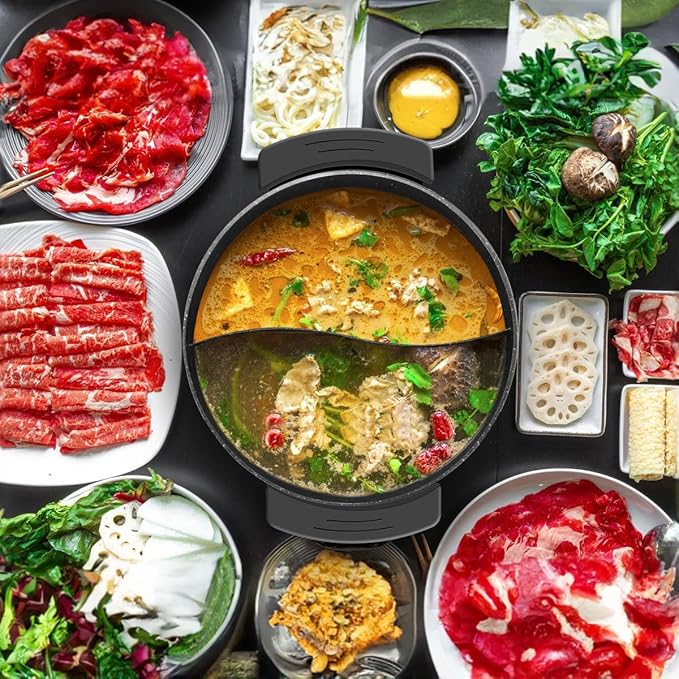 Food Party Electric Hot Pot with Divider Hotpot Pot Electric Hopot Cooker Shabu Shabu Pot 110V 1200W Non-Stick 6-Quart BPA FREE Fondue Chinese Hot Pot