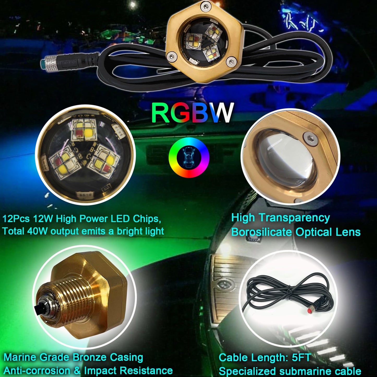 Kingshowstar RGBW Underwater Boat Drain Plug Light, IP68 Waterproof, 1/2in NPT, Durable Bronze Housing, Model KS-RGBW-S01