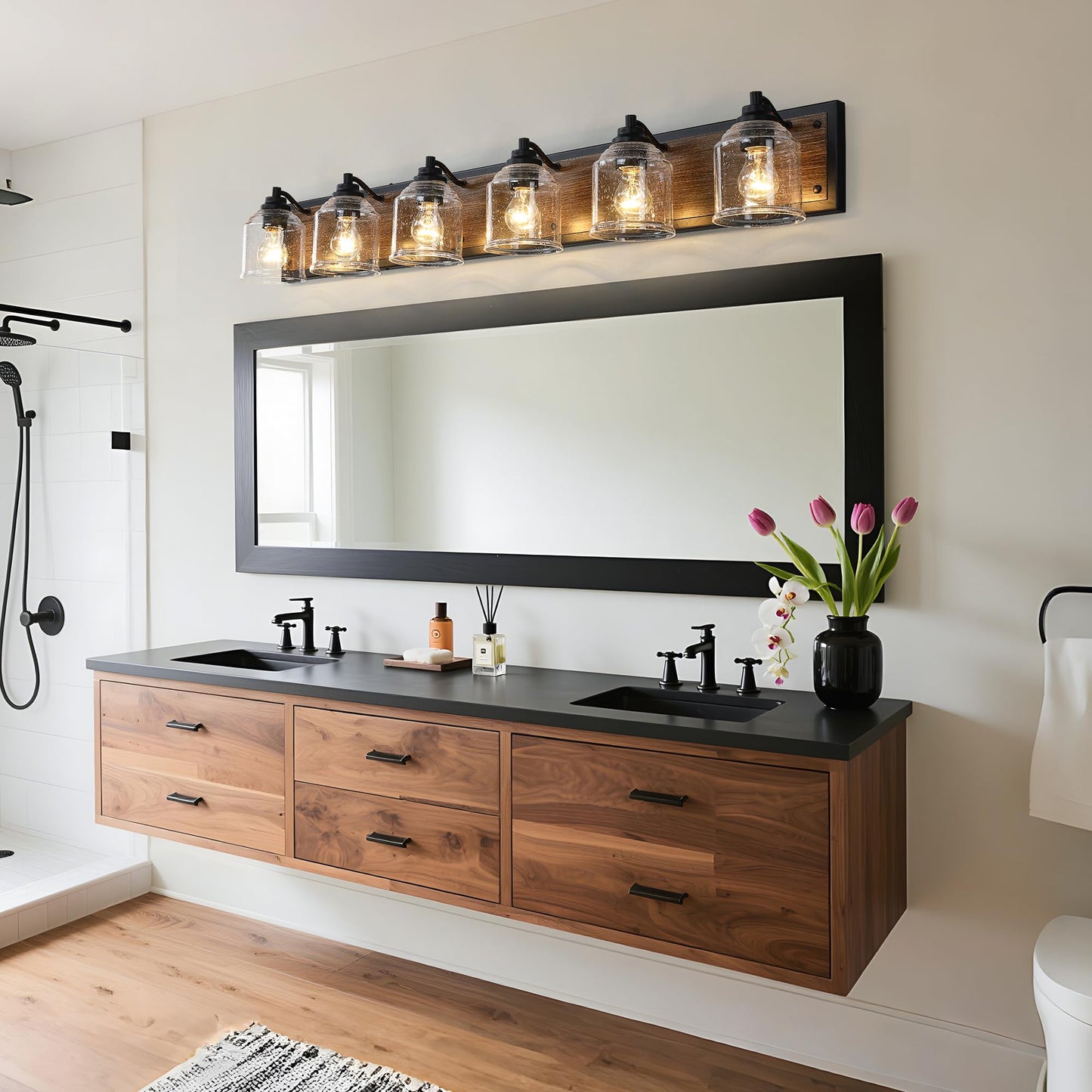 Yklitg Vanity Lights For Bathroom Large 48 Inch Farmhouse Rustic Vanity Light With Bubble Glass Shades Brown 6 Light Bathroom Lighting Fixtures Over Mirror Bath Wall Sconce Home Decor