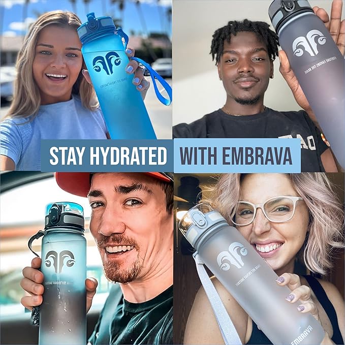 Embrava Sports Water Bottle - 32oz Large - Fast Flow Quick Sip Lid - BPA & BPS Free - Leakproof, Flip Top - Lightweight & Sturdy Tritan Plastic - Strainer for Fruit & Ice