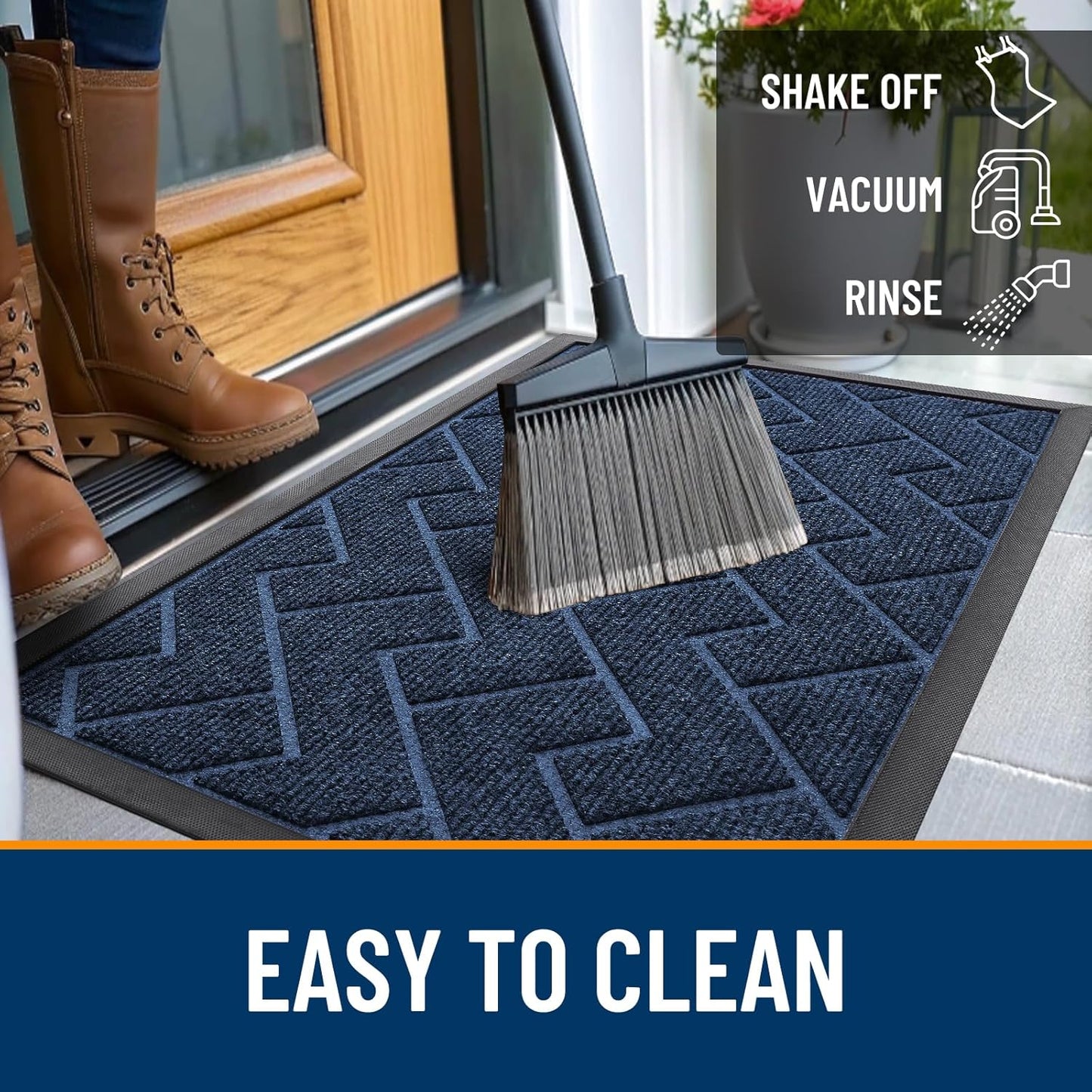 OLANLY Front Door Mat Indoor Outdoor Entrance, Waterproof All-Season, All-Weather Doormat, Sturdy Natural Rubber, Low Profile, Easy Clean Patio Porch Entryway Mat, Herringbone Brick (Blue, 47x17)