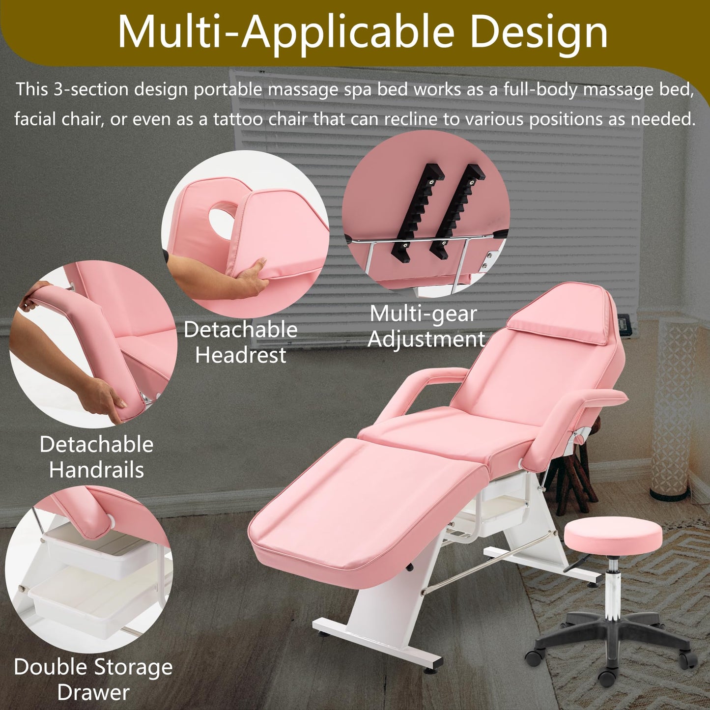 KEIKI Massage Salon Tattoo Chair Esthetician Bed with 2 Tray, Hydraulic Stool, Wide Leg Multi-Purpose 3-Section Facial Bed Table with Adjustable Barber Spa Beauty Equipment, Easy Assembly, Pink