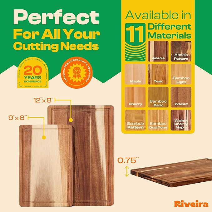 Riveira Acacia Wood Cutting Board – Versatile and Durable: Set Of 2 Pcs Rectangular Wooden Cutting Board – Natural Wooden Cutting Boards For Kitchen – Complete Acacia Wooden Chopping Board