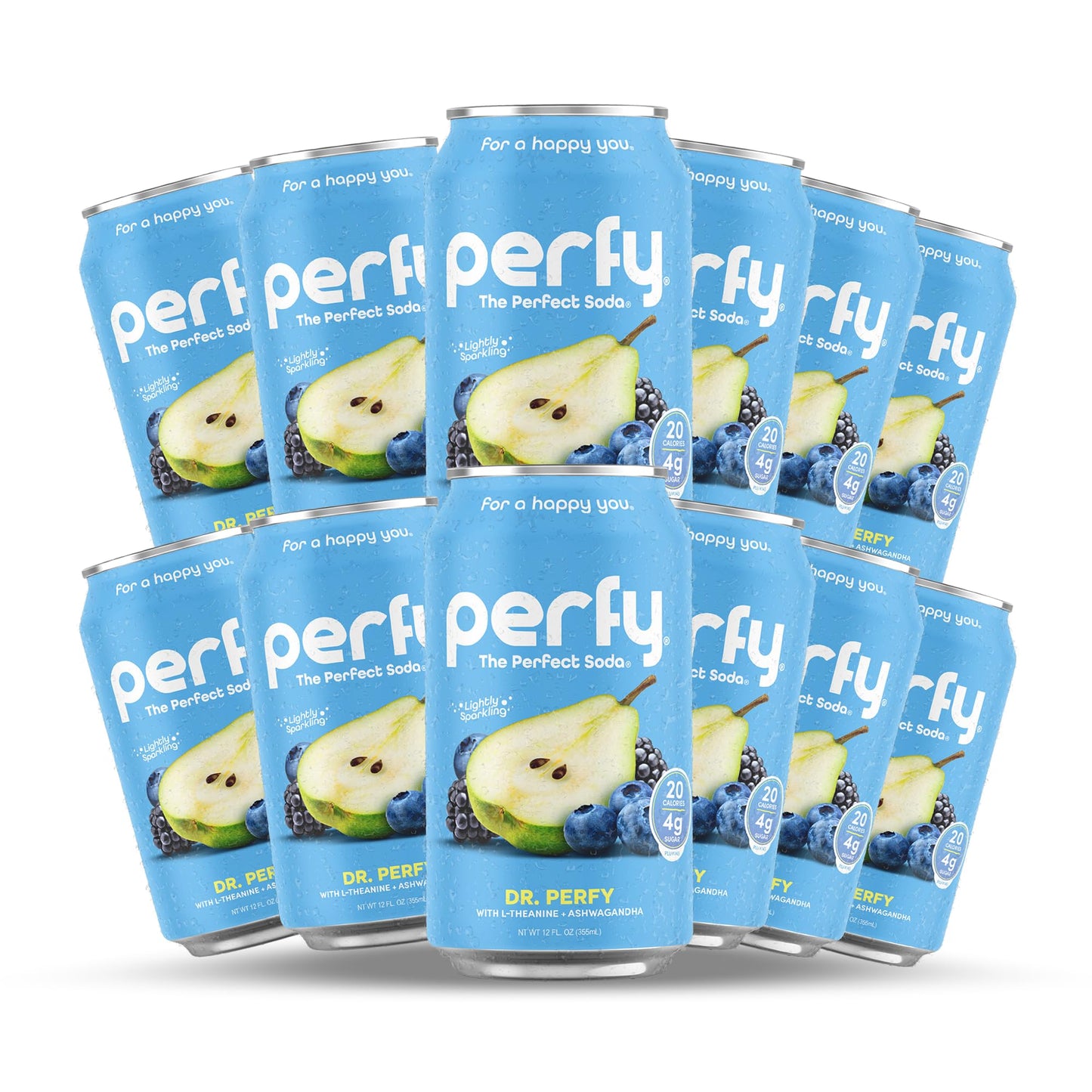 PERFY Caffeine Free Dr. Perfy Soda | Made With Real Fruit Juice - Low Sugar Nootropic Drink with L-Theanine + Ashwagandha | Calming Adaptogen Mocktail | Keto + GLP-1 Friendly (12-Pack Healthy Functional Soda Alternative)