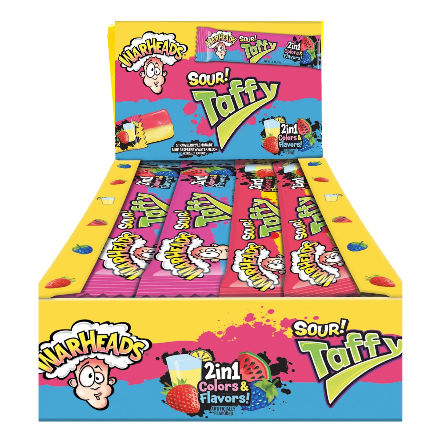 WARHEADS Sour Taffy 2-in-1 Chewy Bars - Candy Variety Pack - Assorted Flavors Individually Wrapped Chewy Bars - Bulk Taffy - Gluten Free Candy - Box of 24