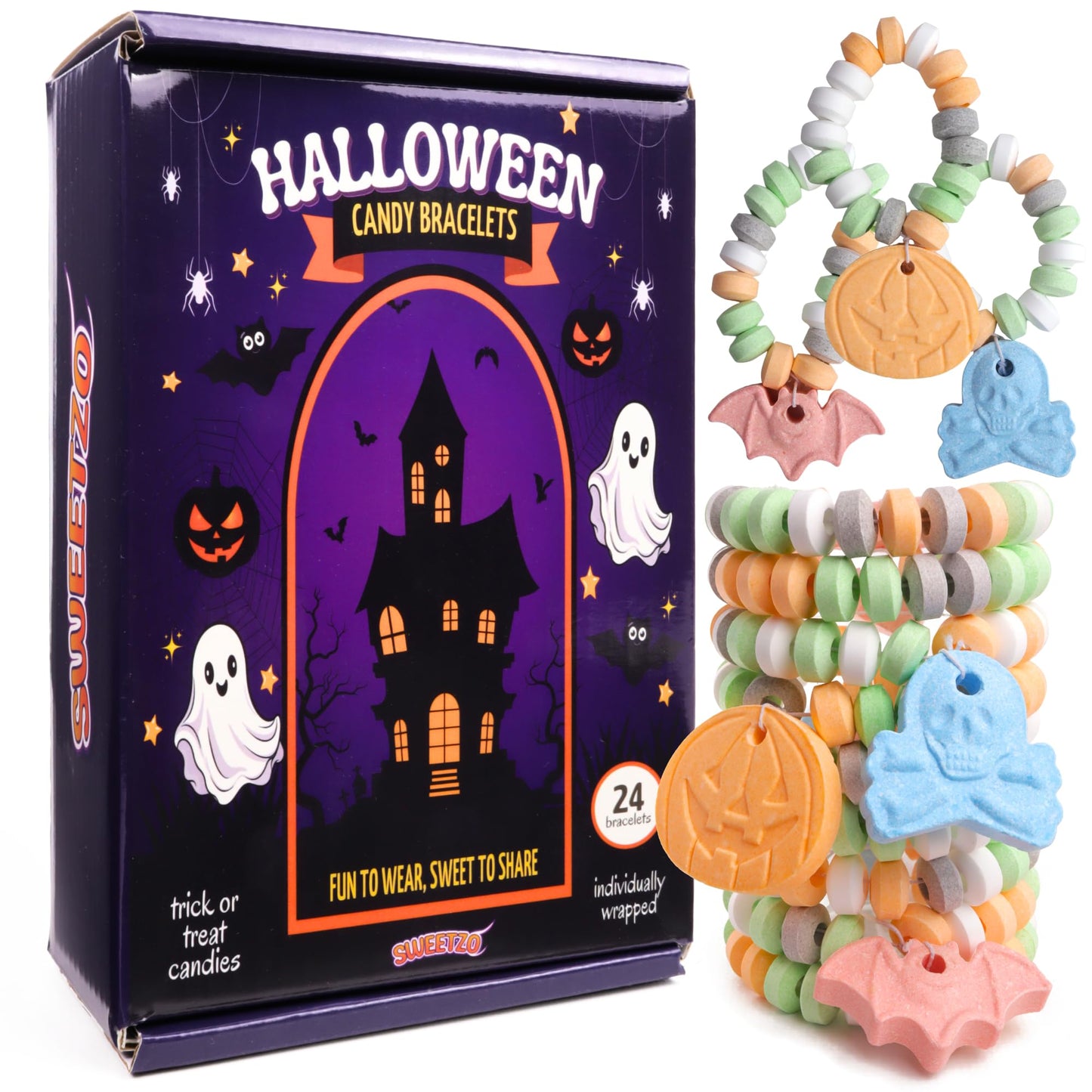 Halloween Candy Bracelets Individually Wrapped Trick or Treat Pass Out Candies Assorted Spooky Shapes 24 Count