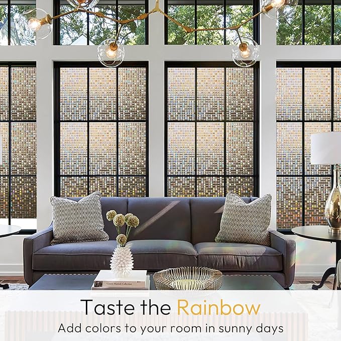 rabbitgoo Window Privacy Film Stained Glass Window Film, Mosaic Rainbow Decorative Glass Cling, Removable Static Cling Tint, Non-Adhesive Privacy Covering for Home, Brown, 17.5 x 157.4 inches