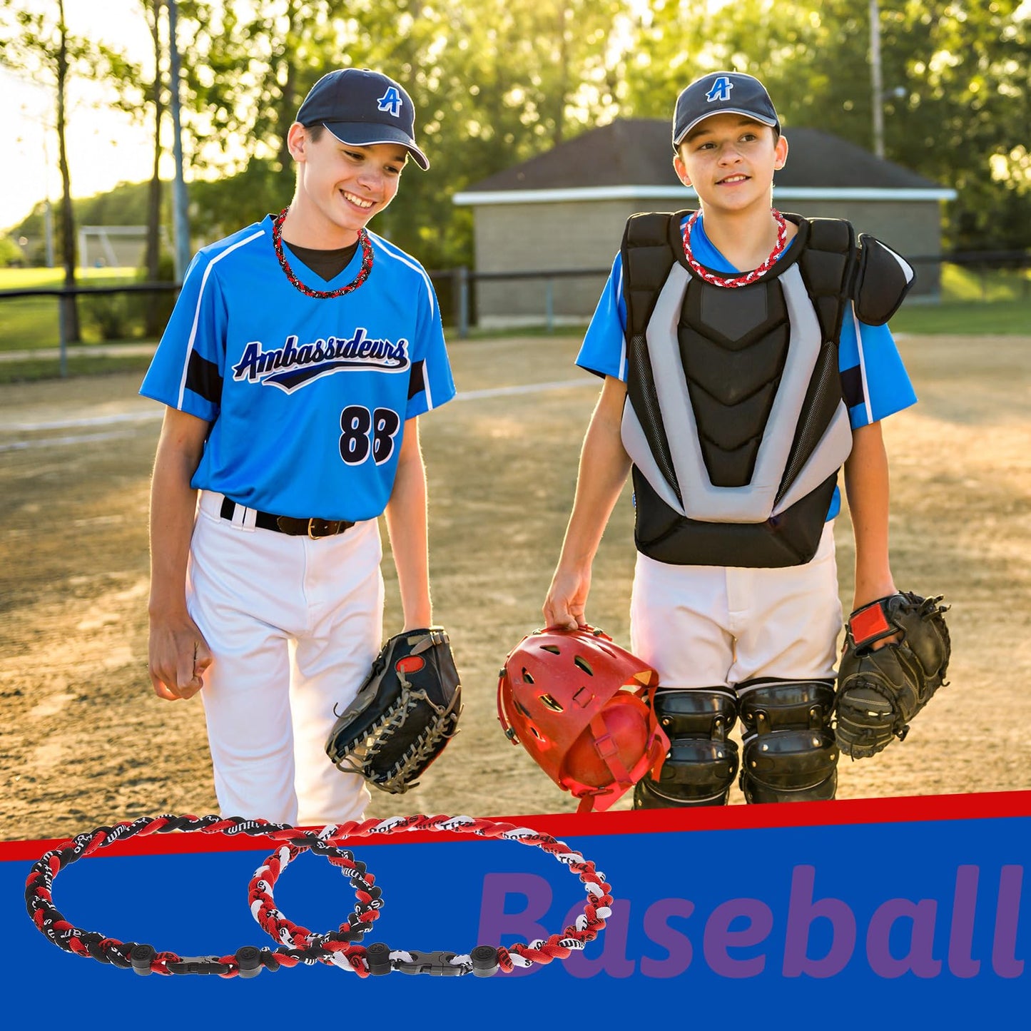 Junkin 2 Pcs Baseball Necklaces Three Braided Rope Titanium Necklace for Team Gifts Boys Men Player Softball Fans Sports (Black,